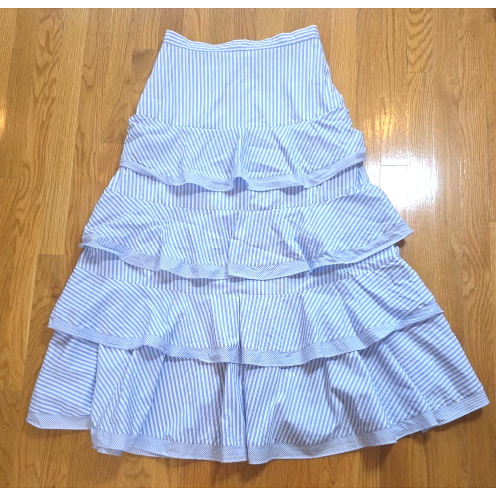 Sandro 38 Blue White Stripe Maxi Skirt Button Front Ruffle Coastal Preppy Resort - Picture 4 of 11